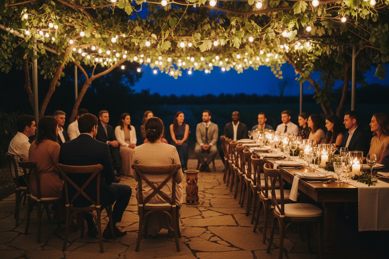 Ronda de mate junto a una mesa de casamiento, con luces cálidas colgadas sobre la parra