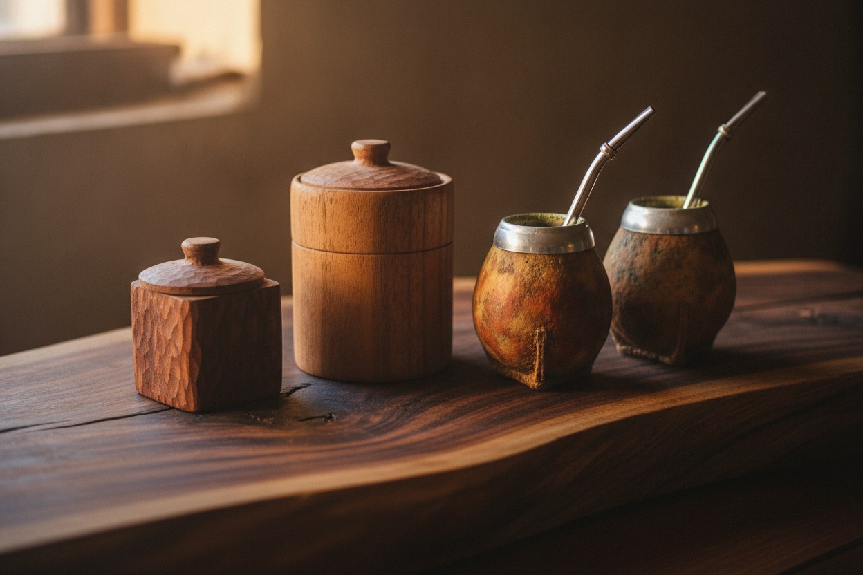Mesa de algarrobo con yerbera, azucarera y dos calabazas curadas listas para la ronda