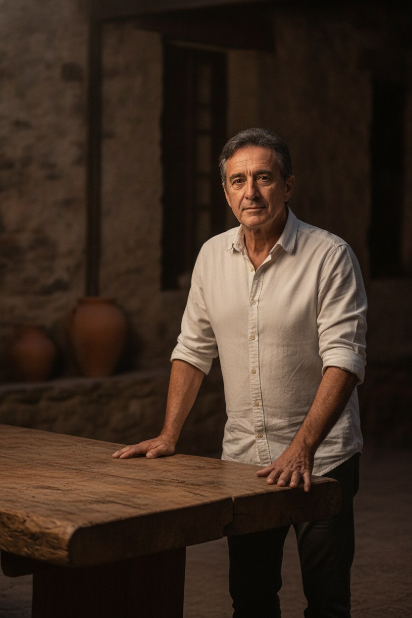 Aníbal Ferreyra, cebador, junto a la mesa de algarrobo heredada de su abuela