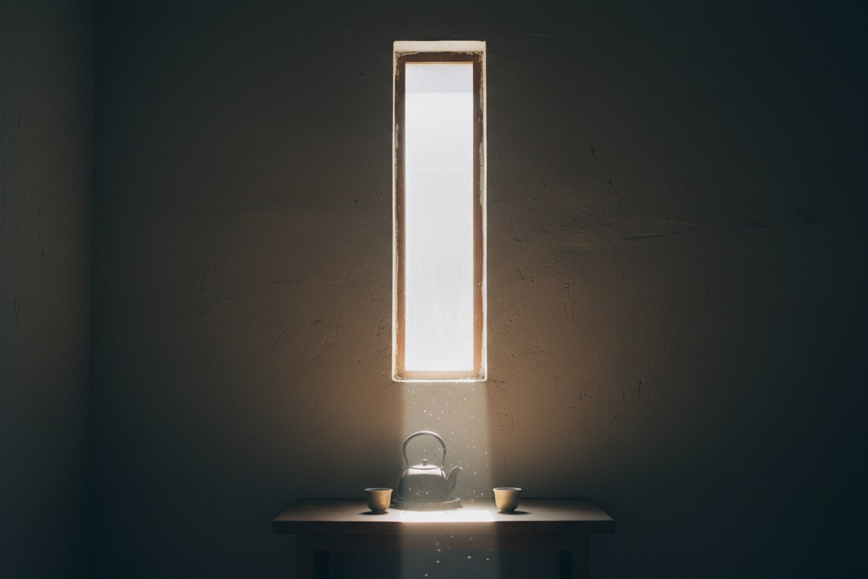 Luz tenue entrando por una ventana sobre una mesa con una pava y dos tazas